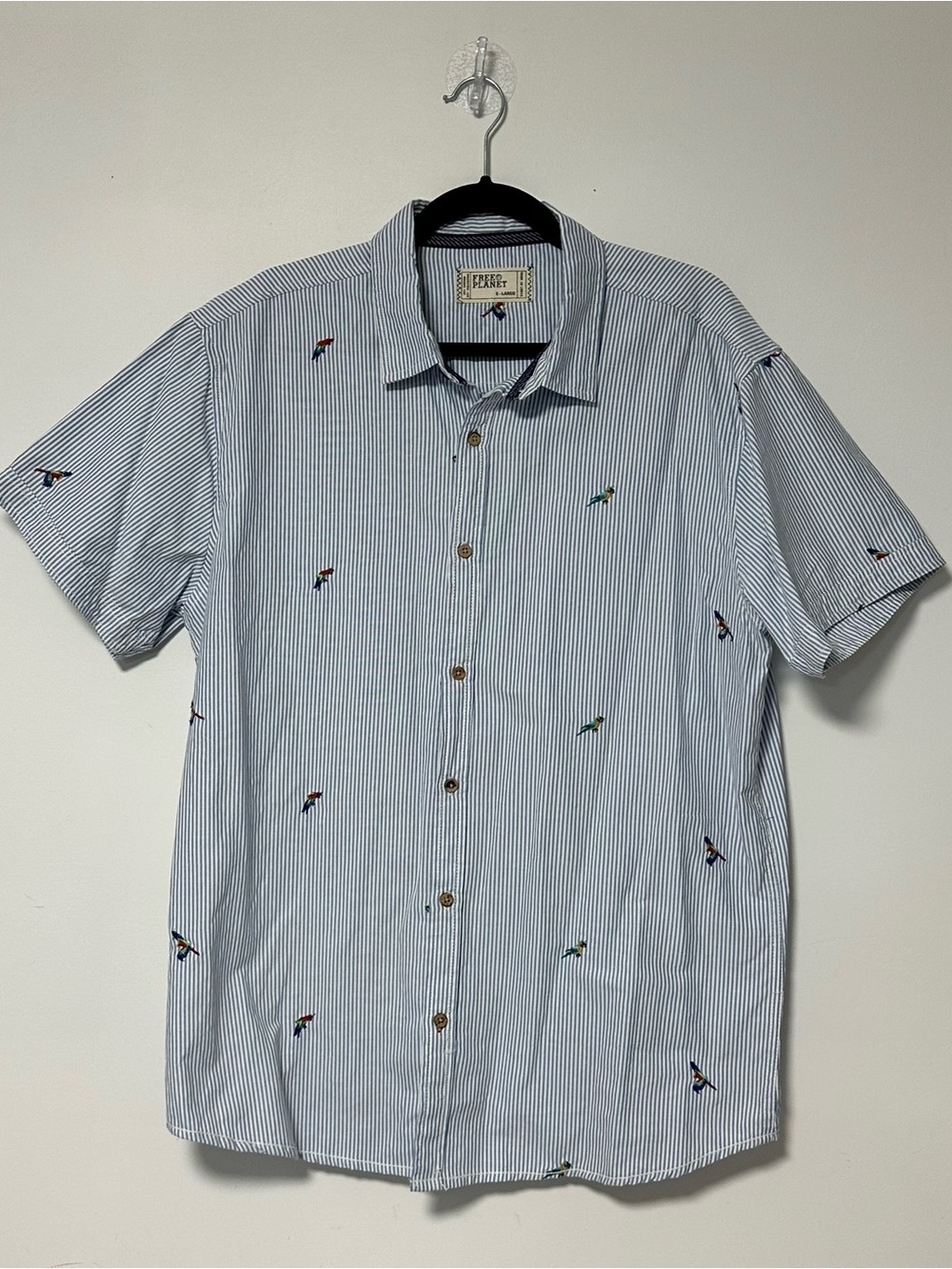 Free Planet Blue Striped Parrot Shirt – Men's XL – Tropical Bird